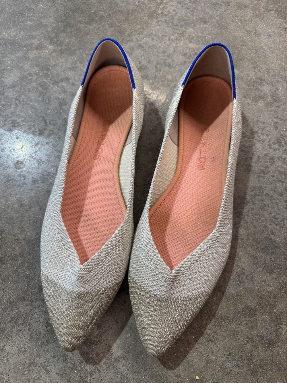 Rothy’s The Point Flats 9.5 Diamond Metallic Ecru Cap Toe Cream